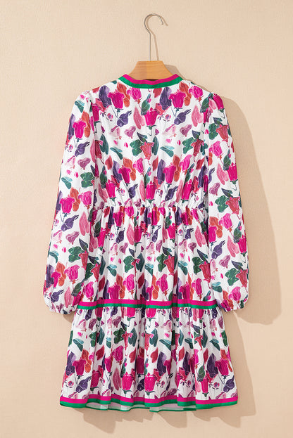 Purple Floral Print Contrast Striped Detail Long Sleeve Mini Dress