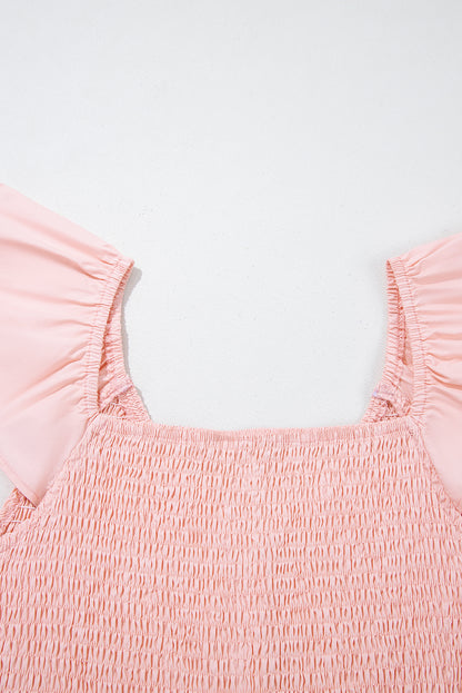 Pink V Neck Flutter Sleeve Smocked Bodice High Waist Ruffle Maxi Dress