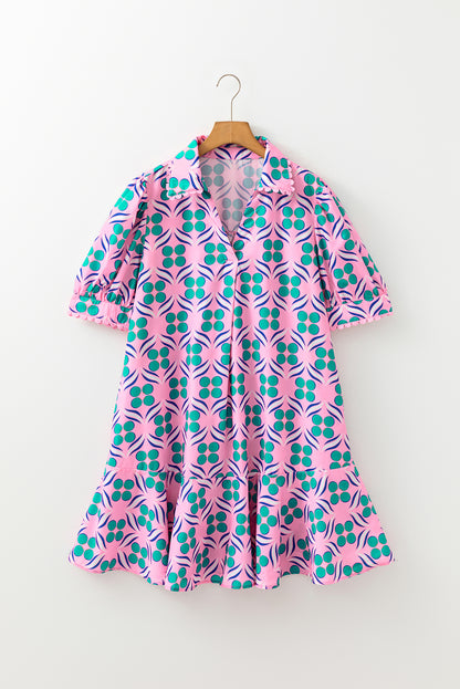 Pink Geometric Floral Print V Neck Ricrac Trim Short Sleeve Mini Dress