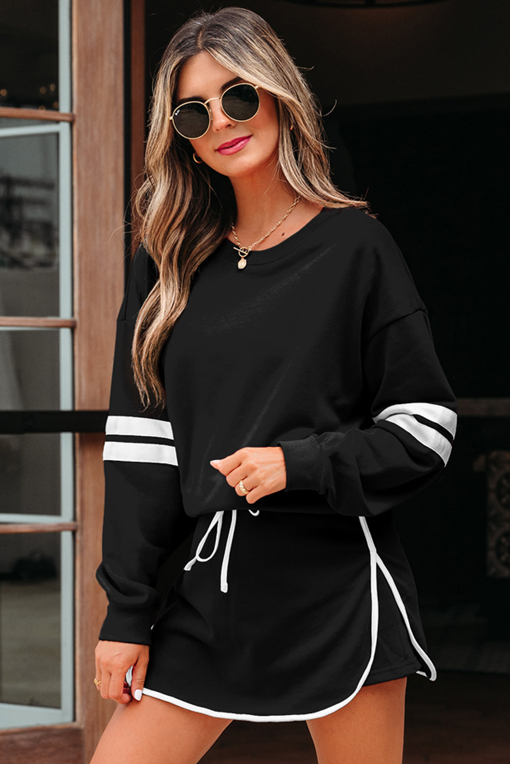 Evergreen Varsity Stripe Detail Drop Shoulder Pullover Mini Skirt Set