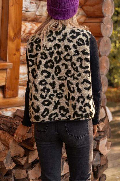Chestnut Leopard Print Sherpa Vest Coat