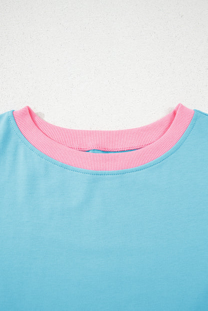 Turquoise Colorblock Edge Drop Shoulder T Shirt and Skirt 2Pcs Set