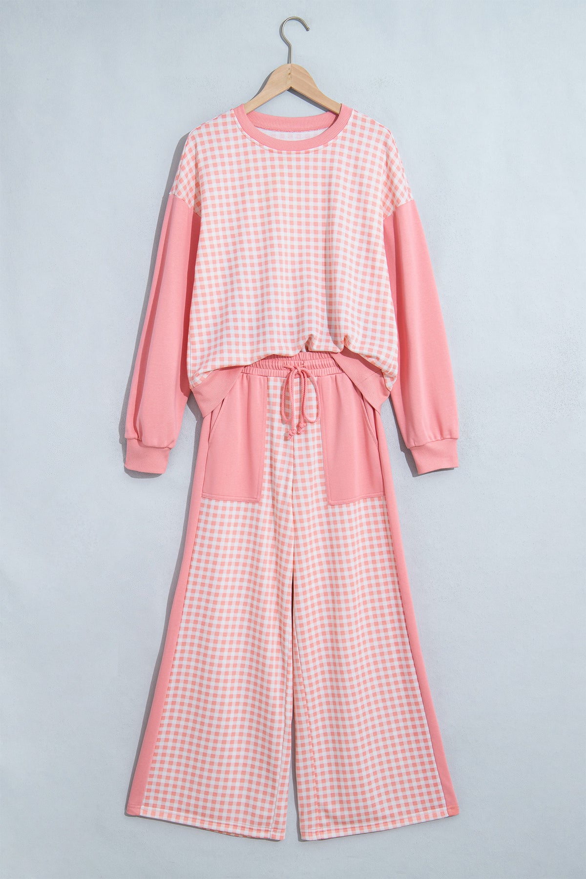 Pink Color Block Plaid Patchwork Long Sleeve Pullover Wide Leg Pant Set