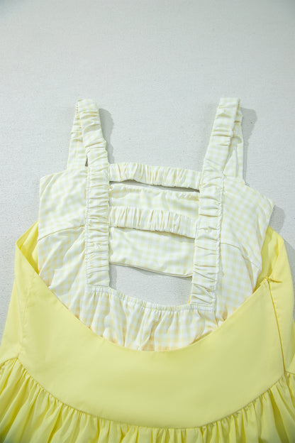 Yellow Cream Faux Two Piece Gingham Contrast Patchwork Loose Mini Dress