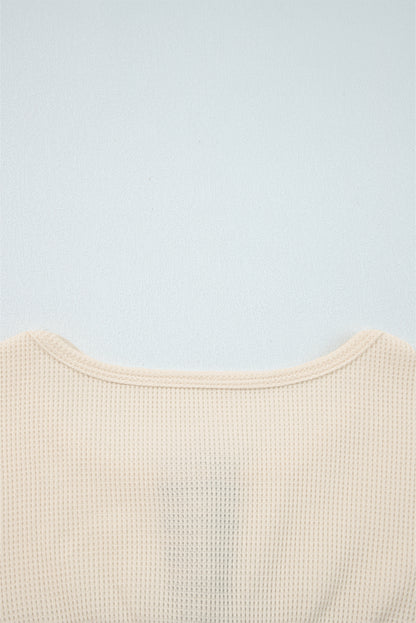 Straw Yellow Waffle Stripe Plaid Patchwork Henley Knit Top