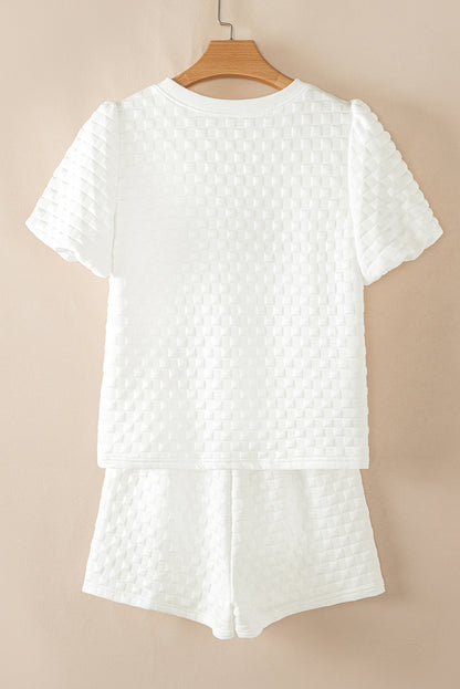 White Solid Color Checkered Texture Short 2pcs Outfit