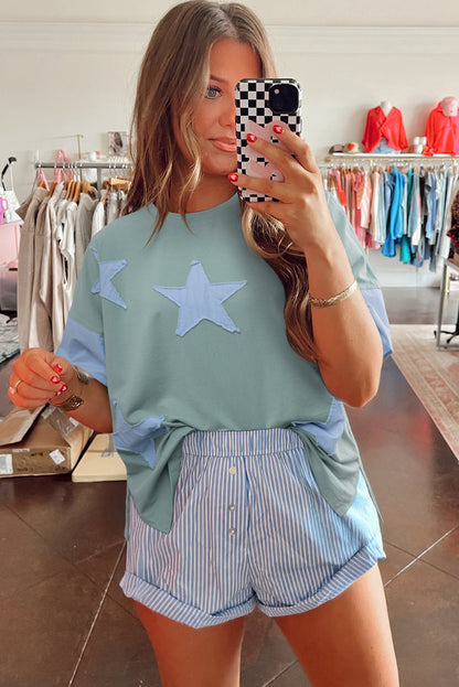 Smoke Green Frayed Denim Star Patched Oversize T Shirt