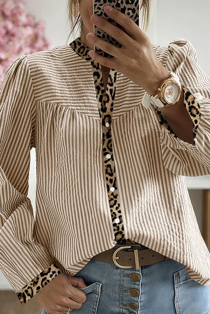 Pink Stripe Leopard Patchwork Long Sleeve Shirt