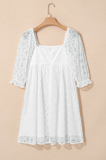 White Floral Lace Puff Sleeve Empire Waist Mini Dress