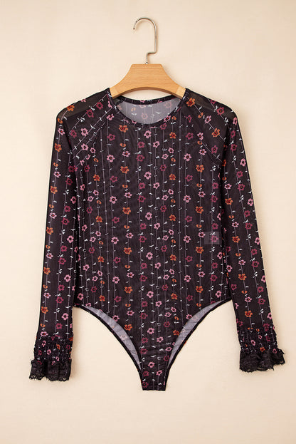 Black Floral Print Smocked Cuff Slim Fit Mesh Bodysuit