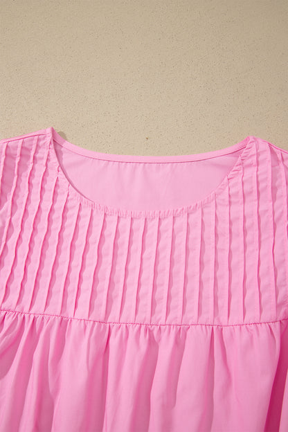 Bonbon Lace Detail Flutter Sleeve Pleated Round Neck Blouse