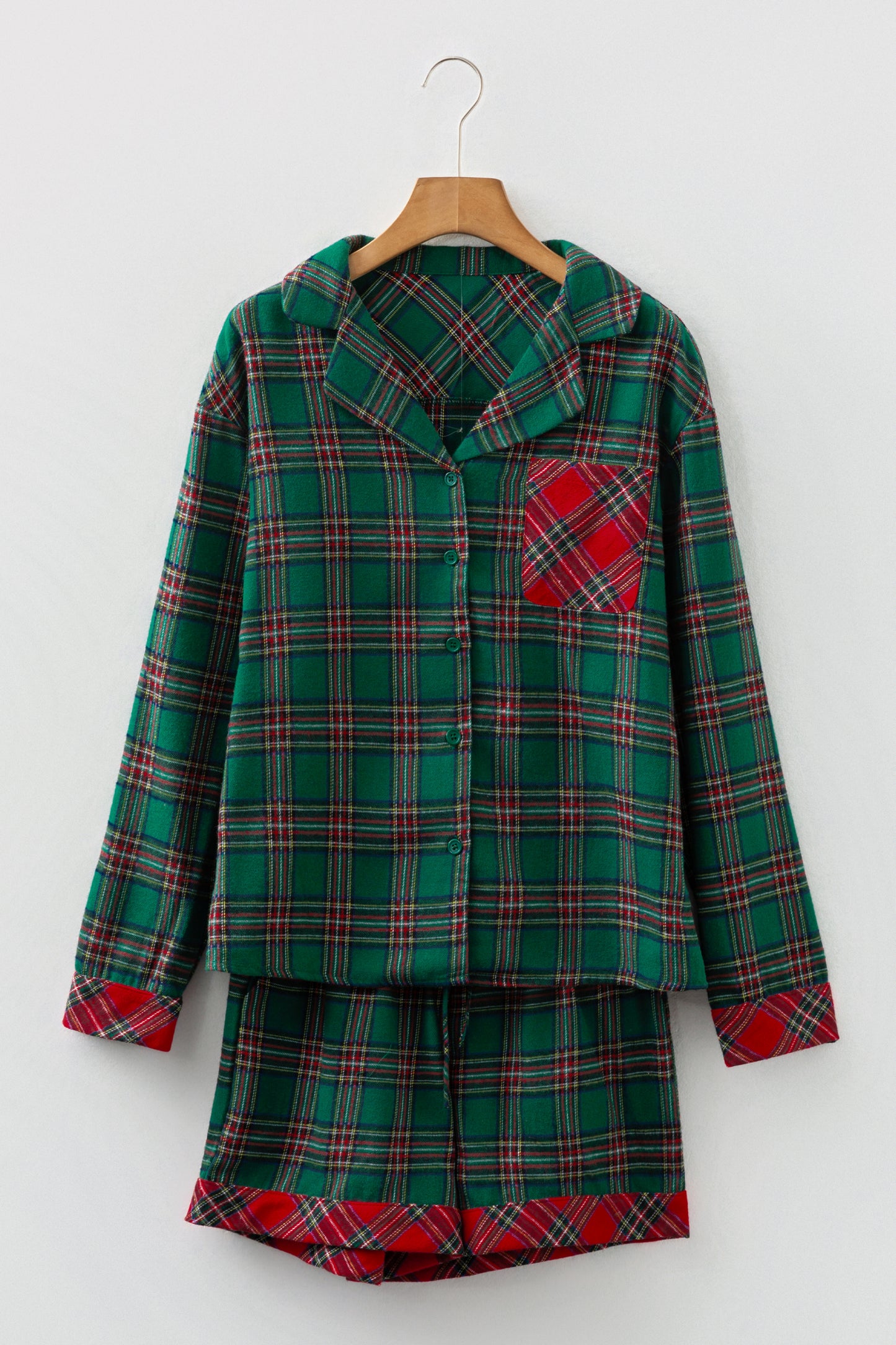 Green Plaid Contrast Patched Christmas Holiday Long Sleeve Shirt and Short 2pcs Pajama Set