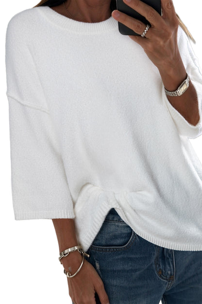 Dark Brown Solid Color Knit Half Sleeve Round Neck Shift Sweater