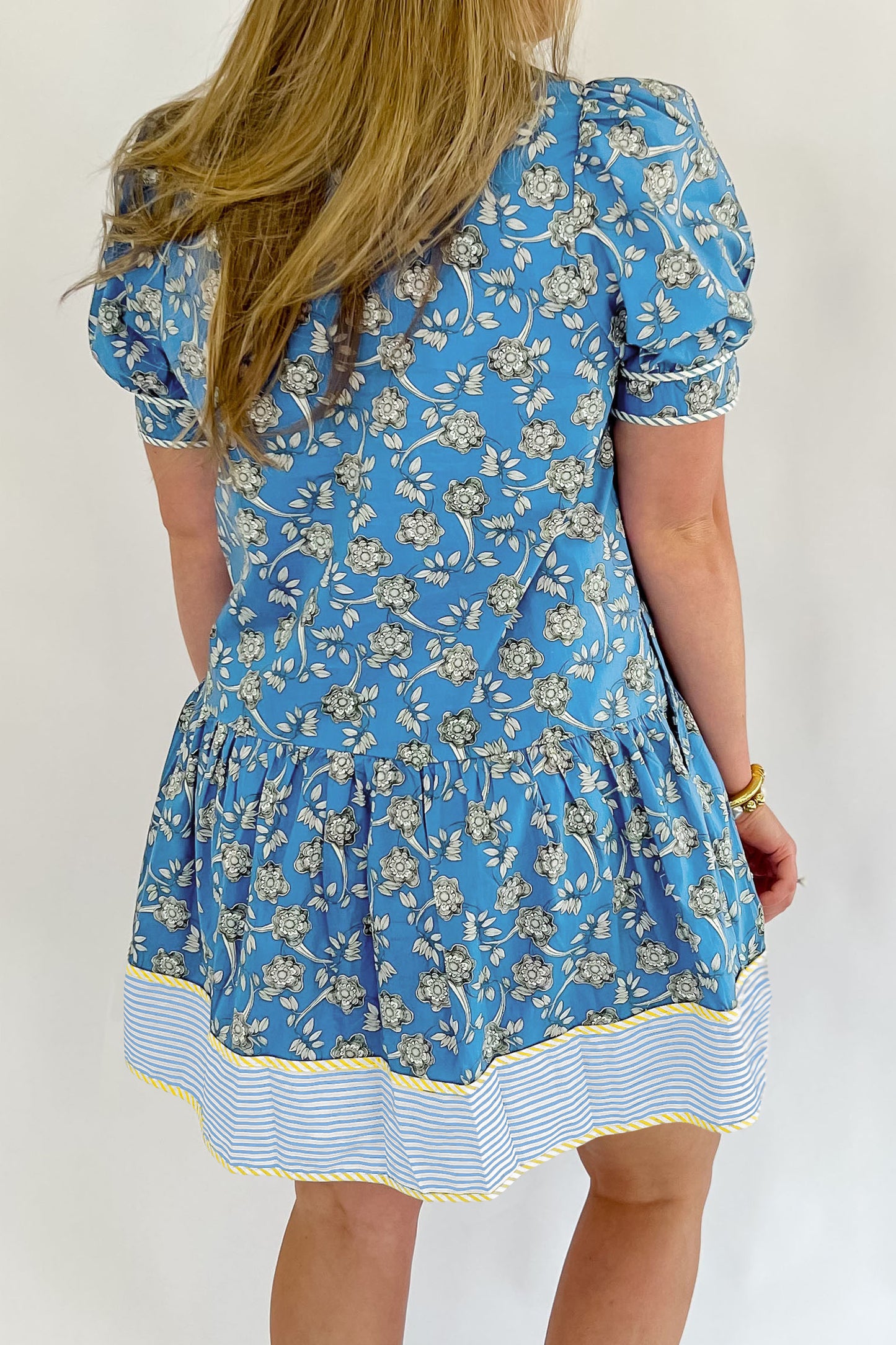 Blue Plus Size Floral Print Striped Patchwork Detail Button Front Ruffle Hem Dress