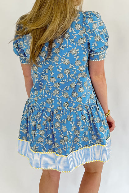 Blue Plus Size Floral Print Striped Patchwork Detail Button Front Ruffle Hem Dress