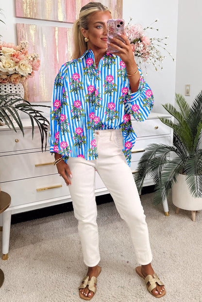 Blue Striped Floral Print Buttoned Cuffs Loose Fit Shirt