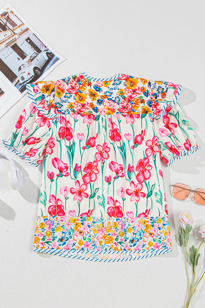 Pink Floral Print Striped Detail Split Neck Short Sleeve Blouse