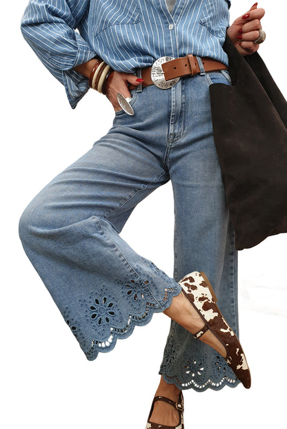 Dusk Blue Embroidered Cropped Wide Leg High Waist Jeans