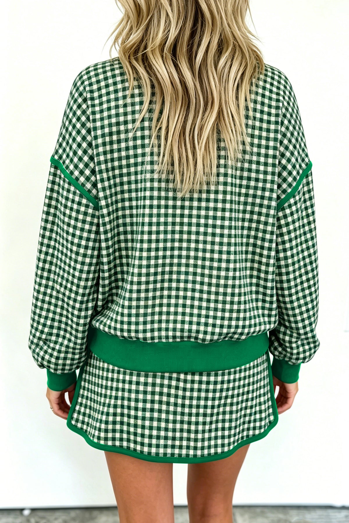Red Gingham Oversized Ribbed Trim Crew Neck Long Sleeve Top and Skort Set