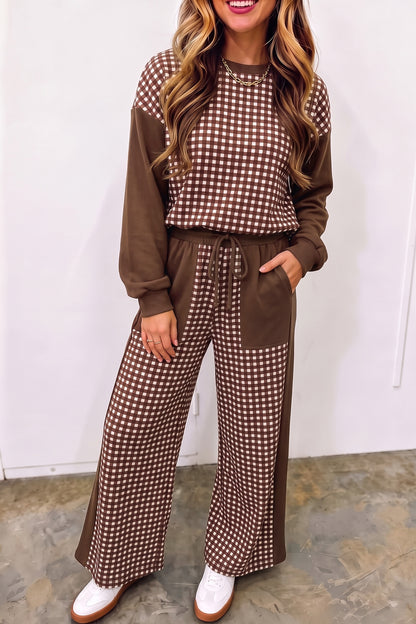 Pink Color Block Plaid Patchwork Long Sleeve Pullover Wide Leg Pant Set