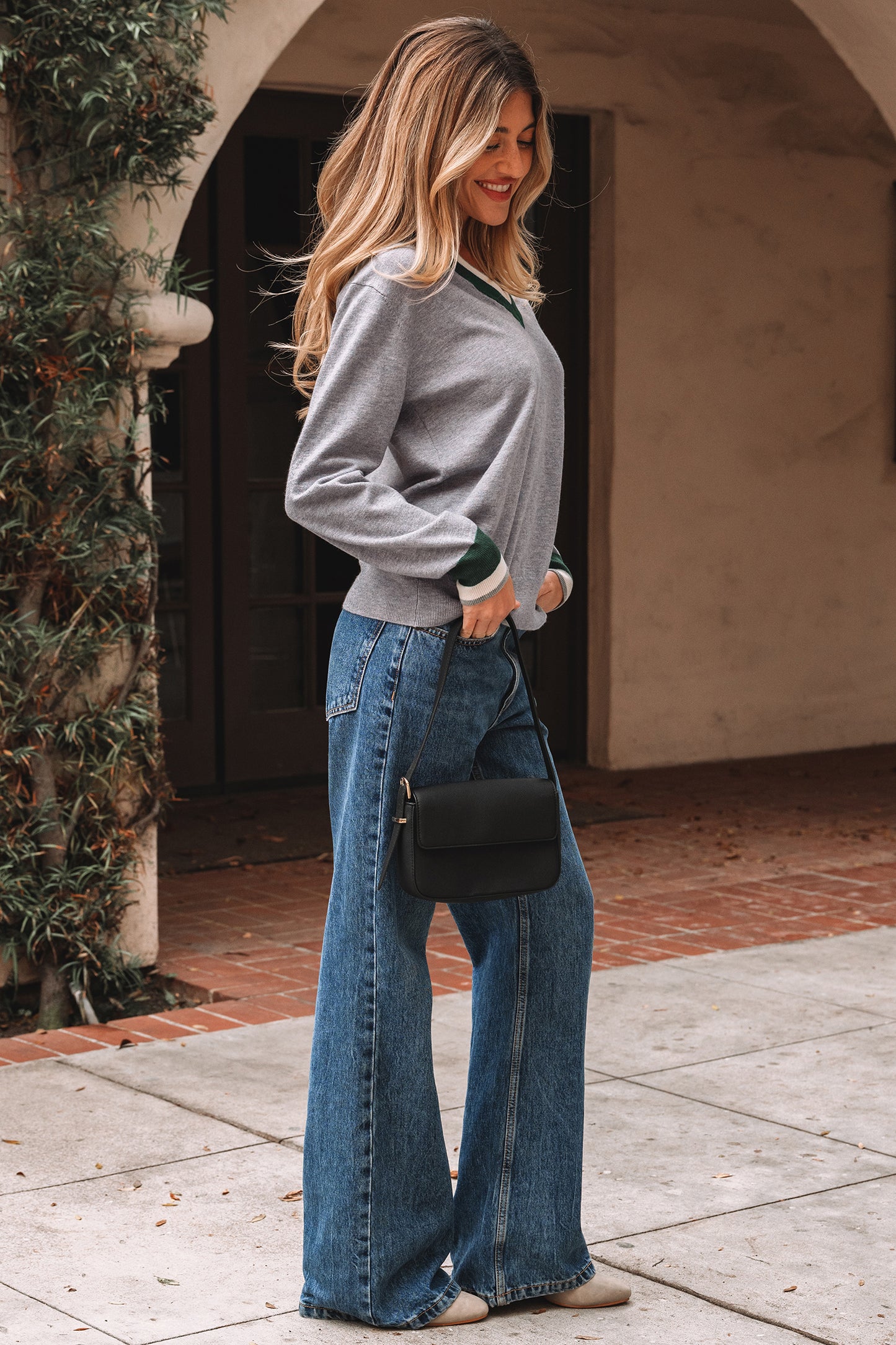 Dark Khaki Contrast Striped Trim V Neck Varsity Sweater