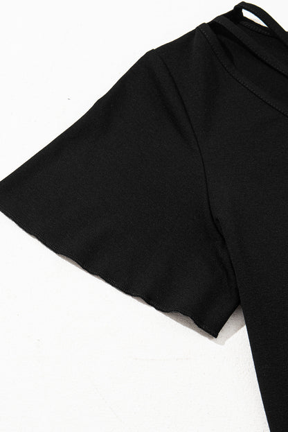 Black Crisscross V Neck Butterfly Sleeve T Shirt