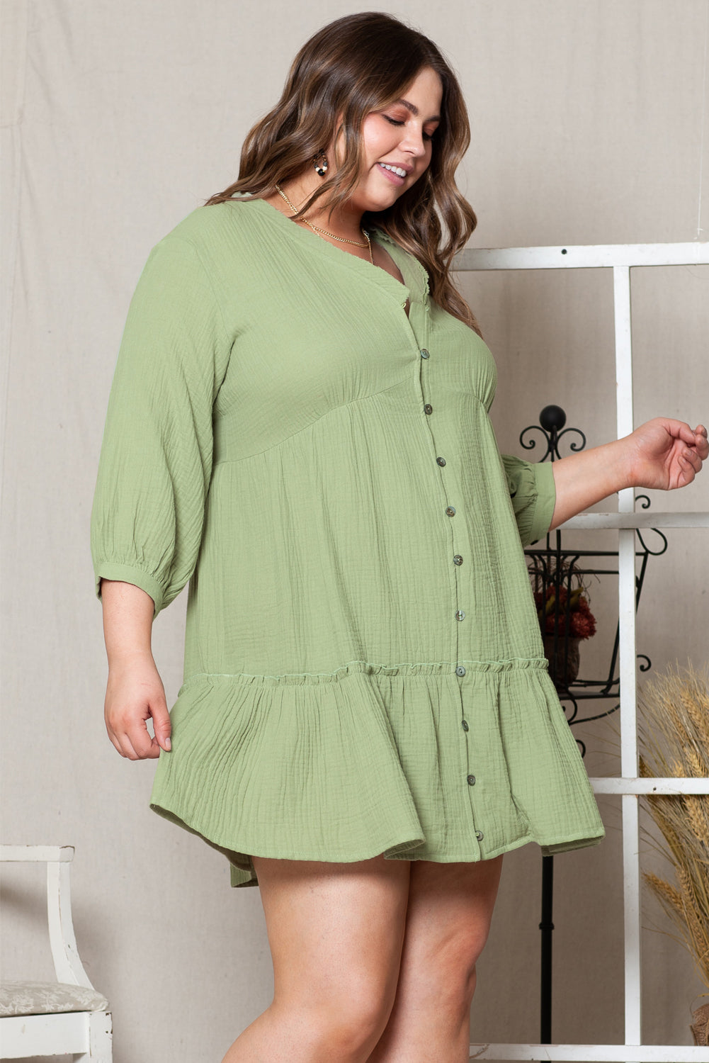 Green Textured Ruffled Buttoned V Neck Plus Size Mini Dress