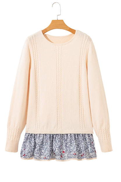 Beige Cable Texture Bohemian Ruffle Hem Patchwork Sweater