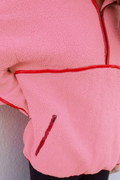 Strawberry Pink Sherpa Contrast Faux Leather Trim Half Zip Pocketed Pullover Sweatshirt