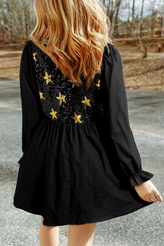 Black Sequined Stars Flounce Sleeve Ruffled Babydoll Dress