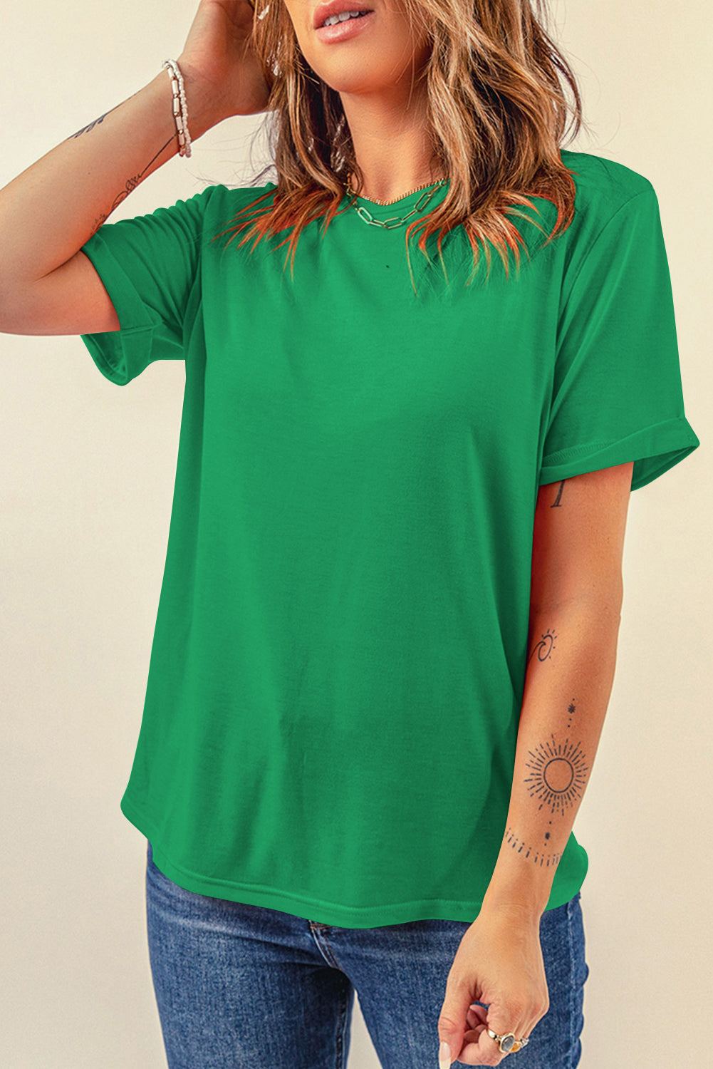 Yellow Cream Casual Plain Crew Neck Tee