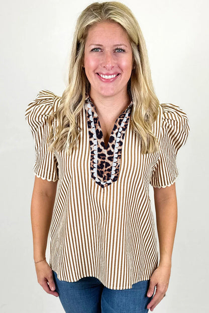 Sky Blue Stripe Ricrac Trim Short Puff Sleeve Leopard Patchwork Collar V Neck Blouse