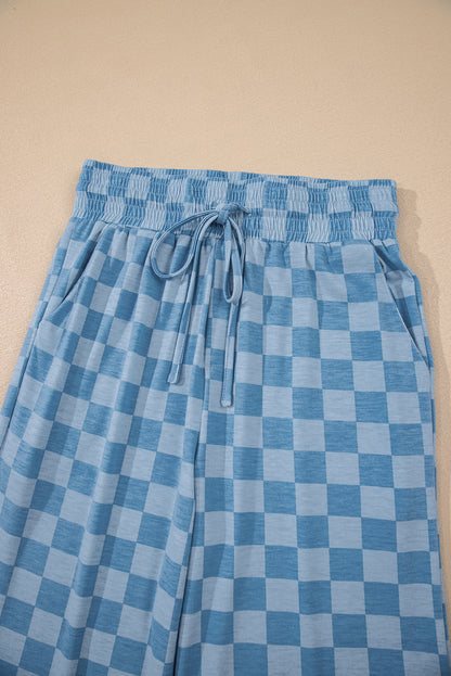 Sky Blue Checkered Elastic High Waist Loose Casual Pants