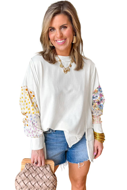 White Floral Dotted Mixed Print Patchwork Sleeve High Low Casual Sweatshirt