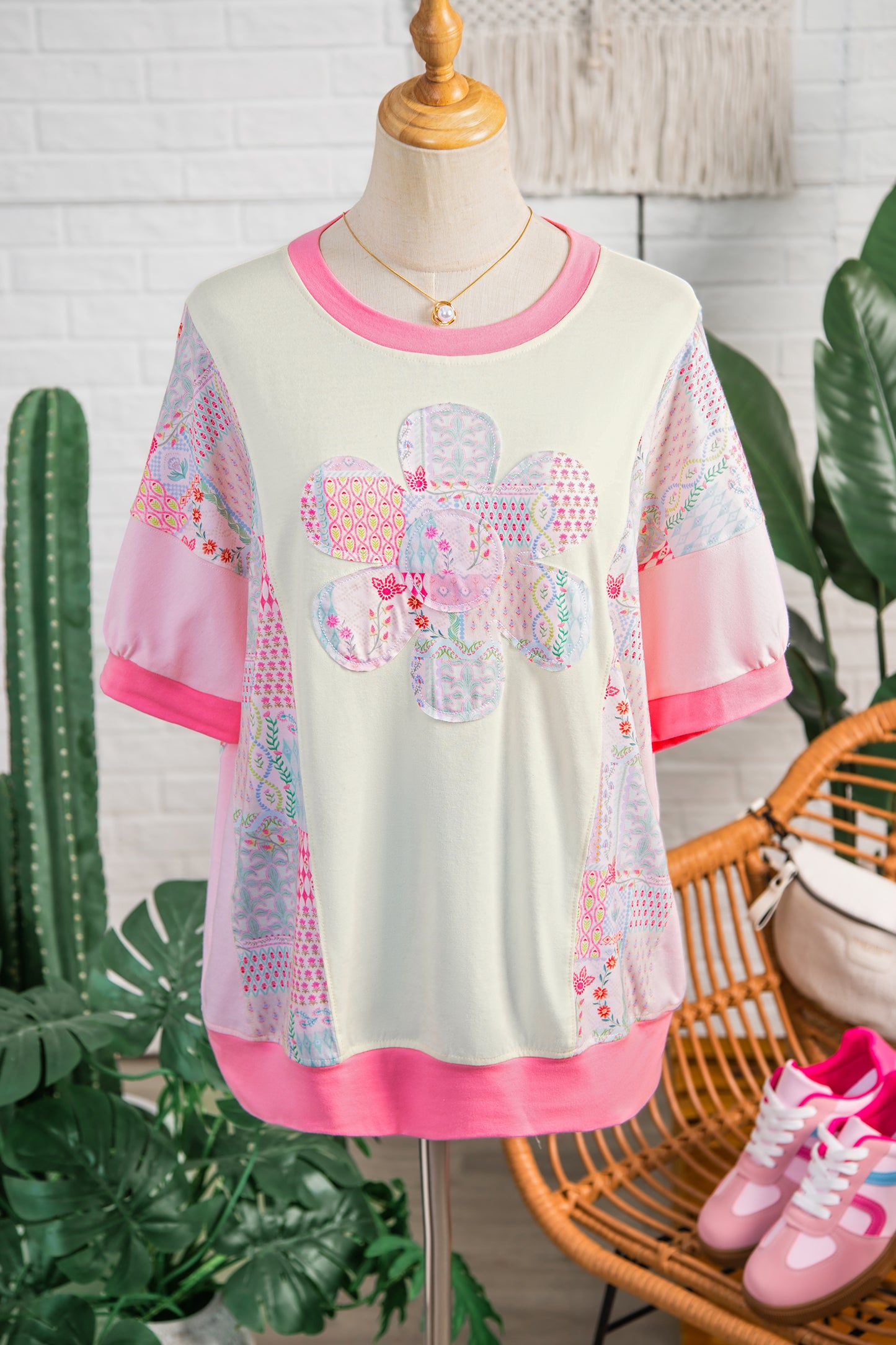 Beige Color Block Floral Patchwork Big Flower Accent Relaxed Top