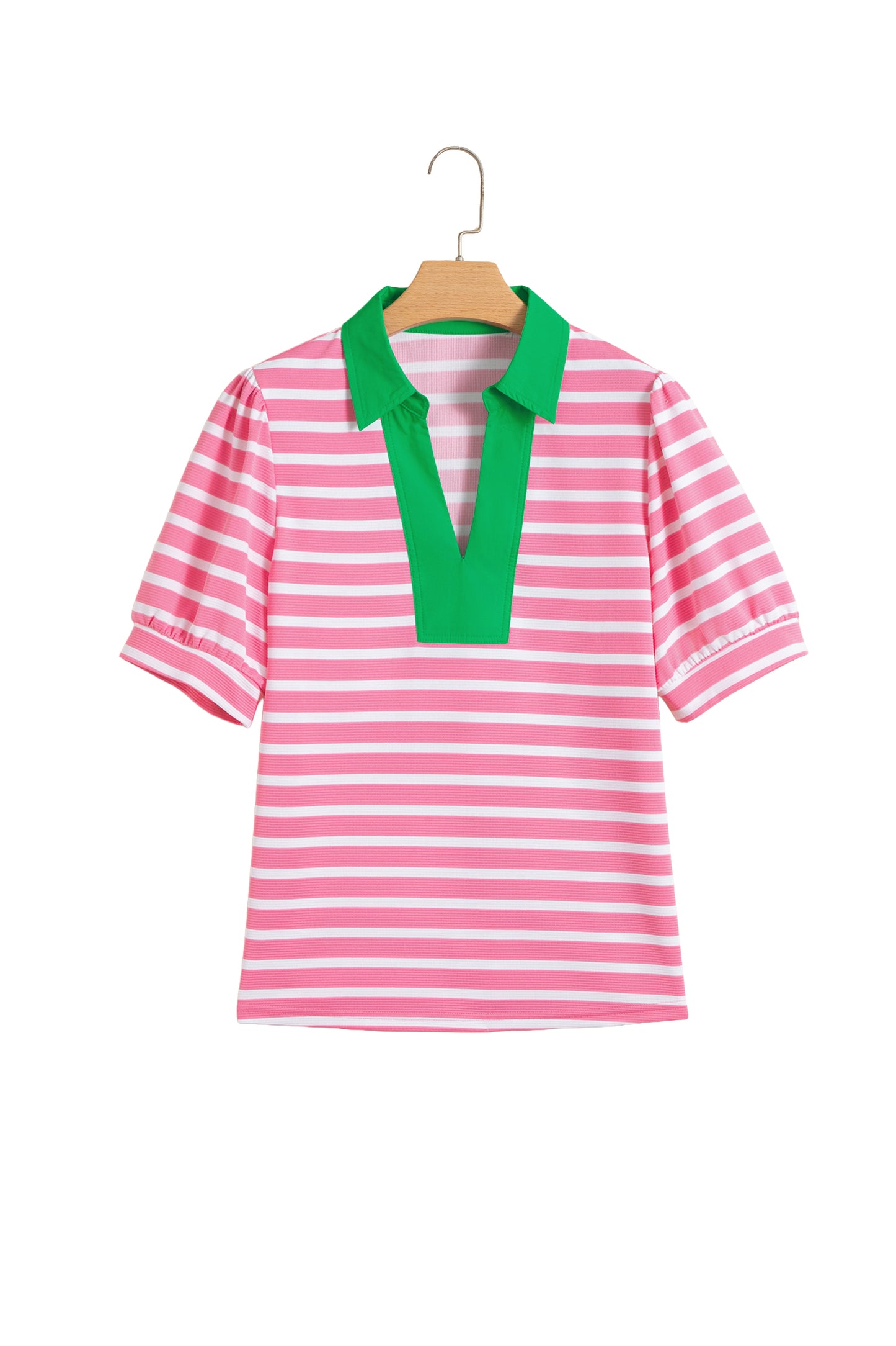 Pink Stripe Short Puff Sleeve Color Block Polo Collar Blouse