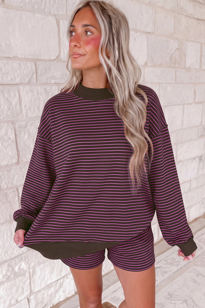 Brown Ribbed Patchwork Mock Neck Baggy Pullover Matching Shorts Set