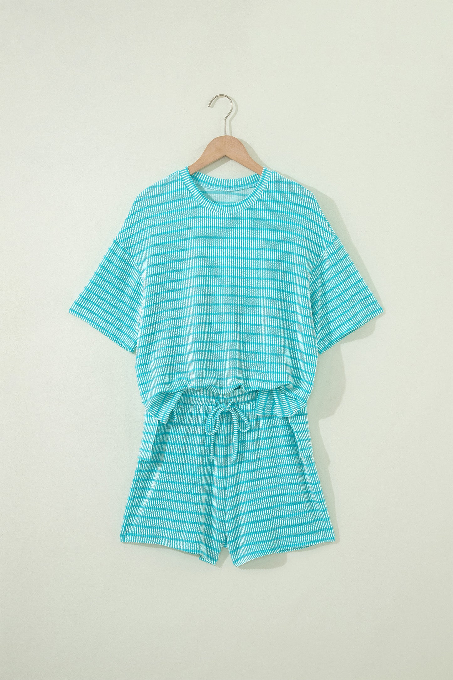 Rose Stripe Raised Rib Loose Tee Drawstring Elastic Waist 2pcs Short Set