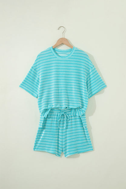 Rose Stripe Raised Rib Loose Tee Drawstring Elastic Waist 2pcs Short Set