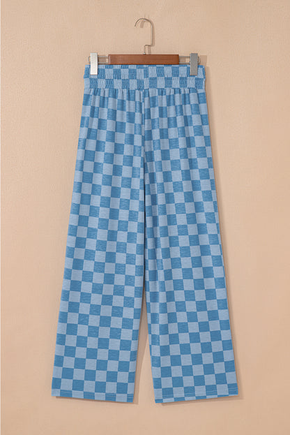 Sky Blue Checkered Elastic High Waist Loose Casual Pants