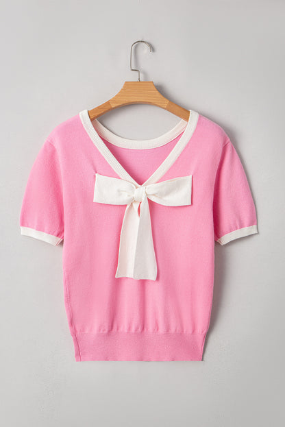 Bonbon Colorblock Bow V-Shape Cut Back Short Sleeve Sweater