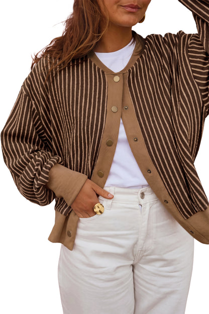 Green Stripe Striped V Neck Patchwork Long Sleeve Regular Fit Cardigan