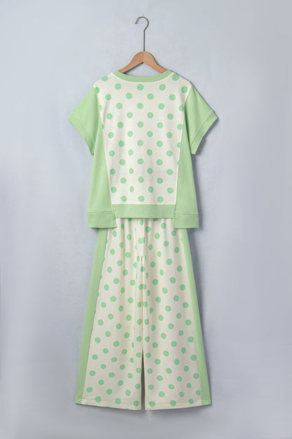 Pink Color Block Patchwork Polka Dot Wide Leg Pant Set