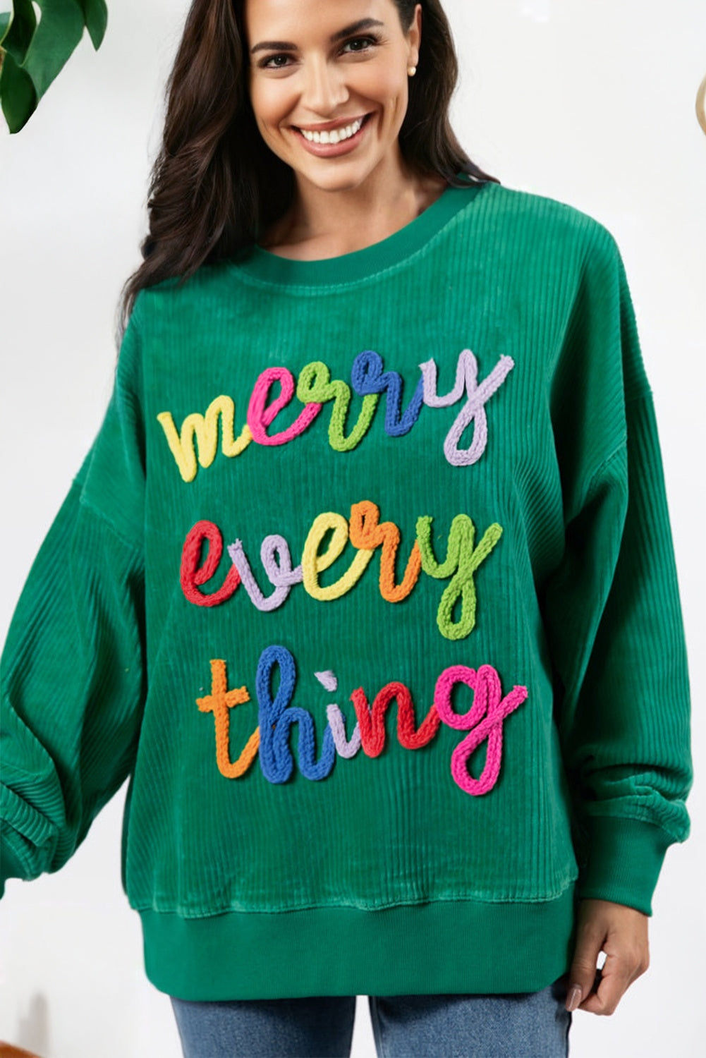 Beige merry little thing Corded Letter Graphic Ribbed Loose Sweatshirt