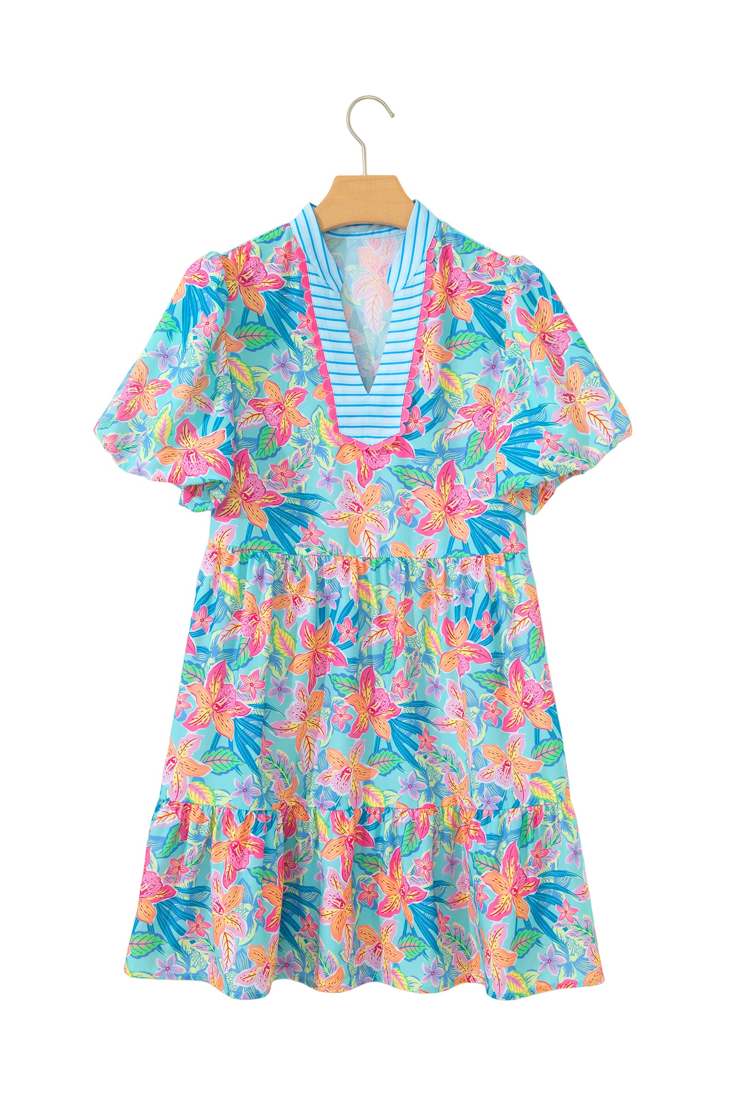 Multicolour Floral Print Contrast Scallop Striped Trim V Neck Dress