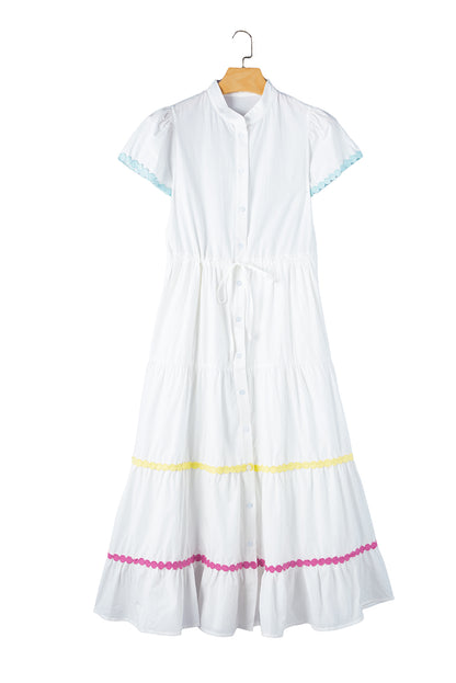 White Colorblock Rickrack Trim Short Sleeve Drawstring Waist Long Dress