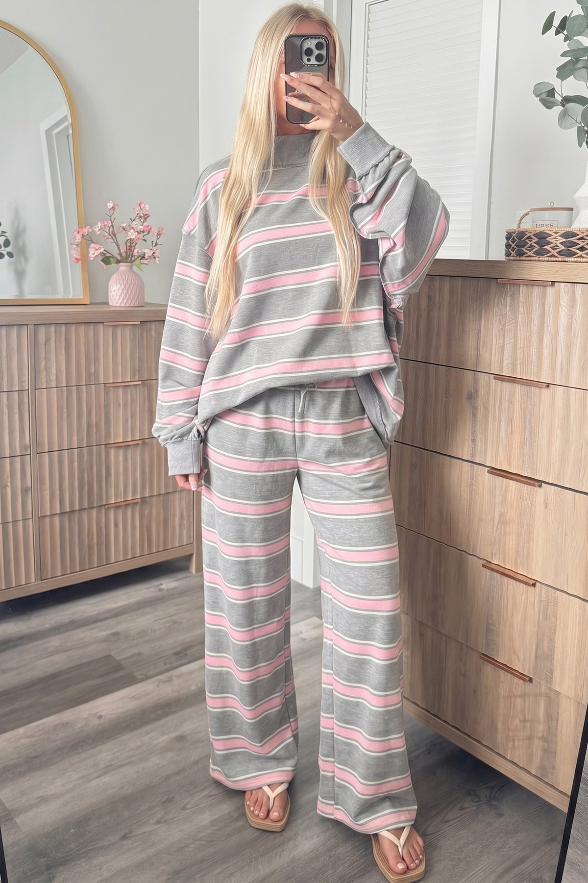 Pink Stripe Mock Neck Long Sleeve Pullover Top and Loose Pants Set