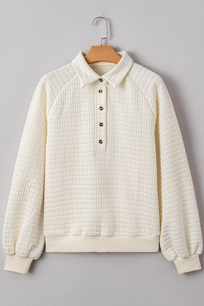 Beige Pineapple Textured Half Button Collared Sweatshirt