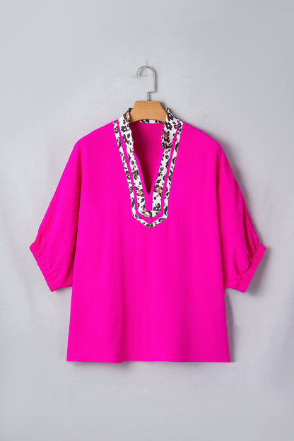 Rose Red Dolman Half Sleeve Leopard Patchwork Trim V Neck Blouse