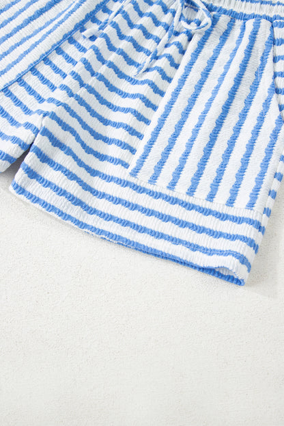 Sky Blue Stripe Knitted Short Sleeve Top and Drawstring Shorts Set